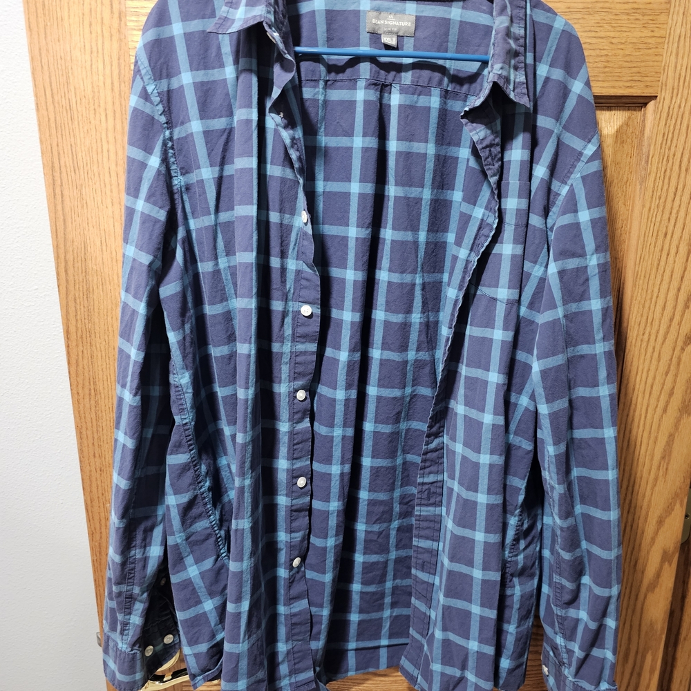 LL Bean Signature Teal and Navy Checkered Button Down Shirt